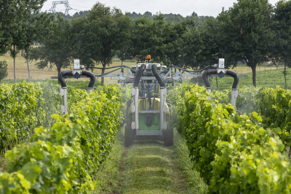 un pulvérisateur en action dans les vignes au cours d'une formation