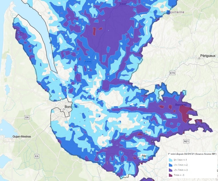 Carte des températures minimales atteintes lors de la période de gel début avril 2021