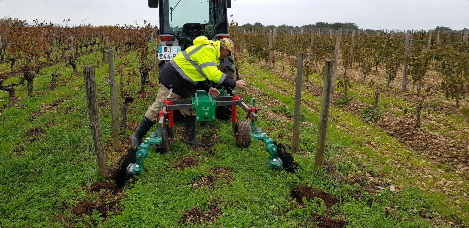 Homme penché sur un outil de travail du sol dans un rang de vigne